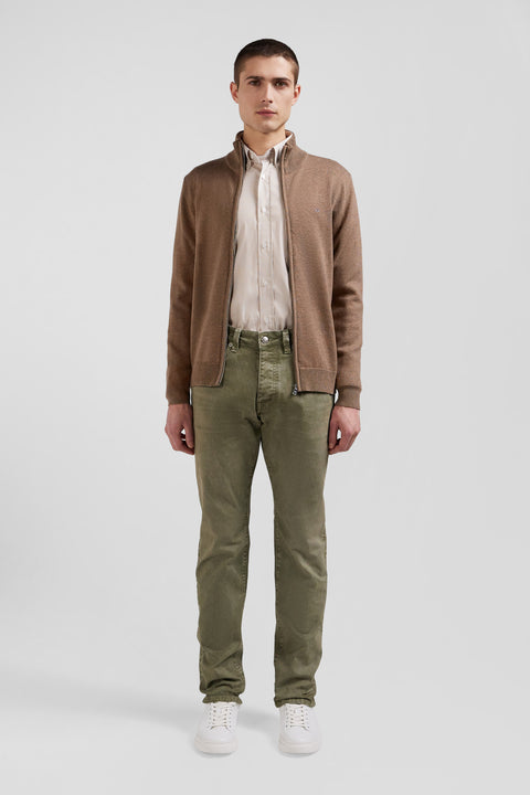 Regular camel plain wool and cotton zipped cardigan - Image 1