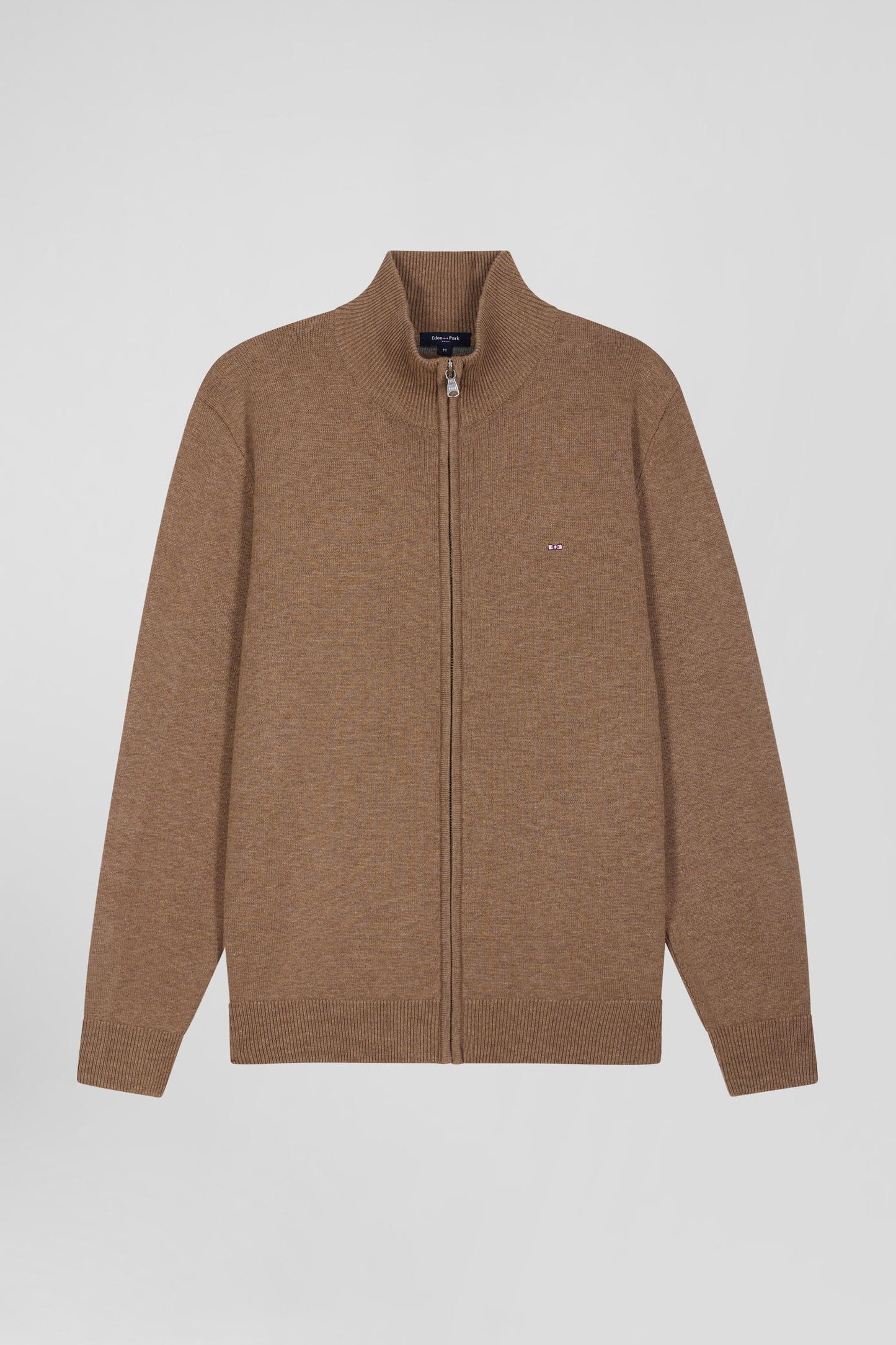 Regular camel plain wool and cotton zipped cardigan