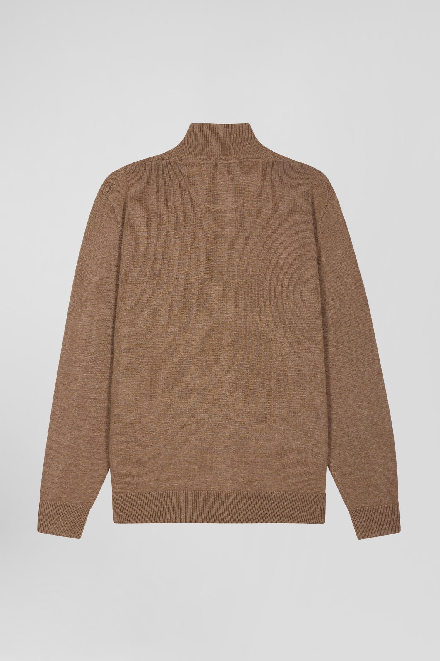 Regular camel plain wool and cotton zipped cardigan