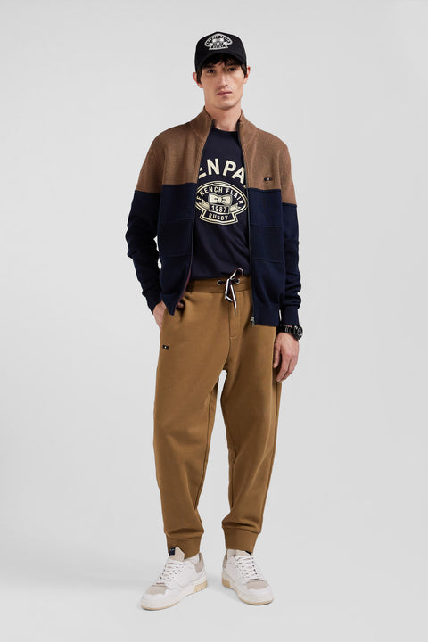 Cardigan zippé à col montant marine et noisette en coton - Image 1