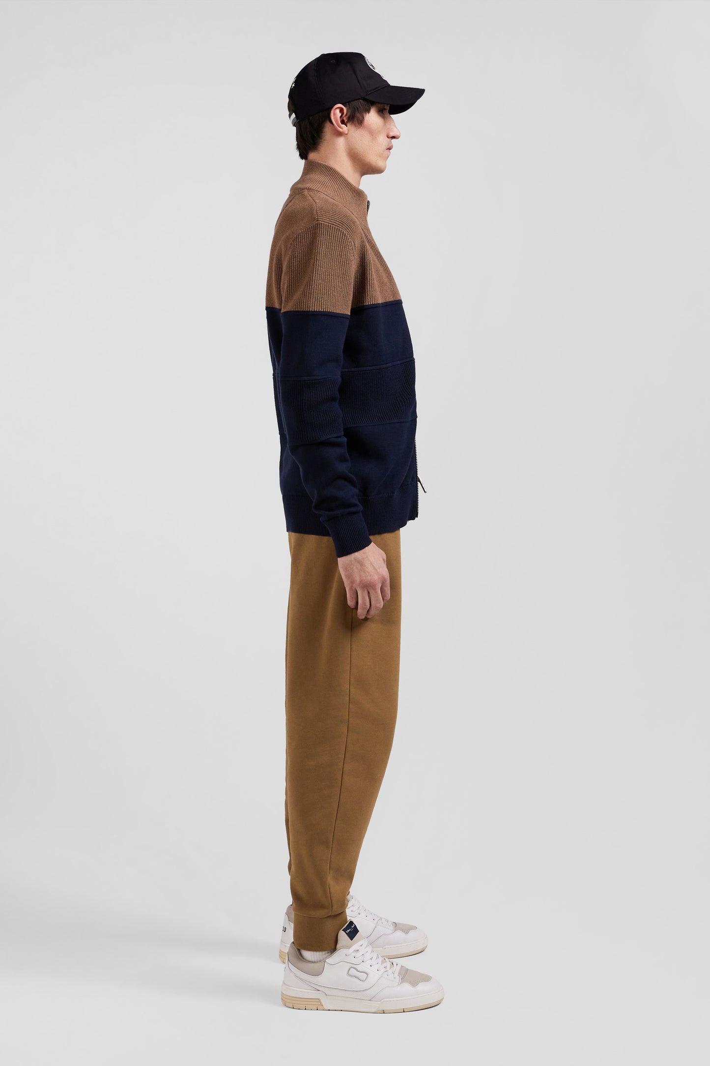 Navy and hazelnut cotton cardigan with zip and stand-up collar