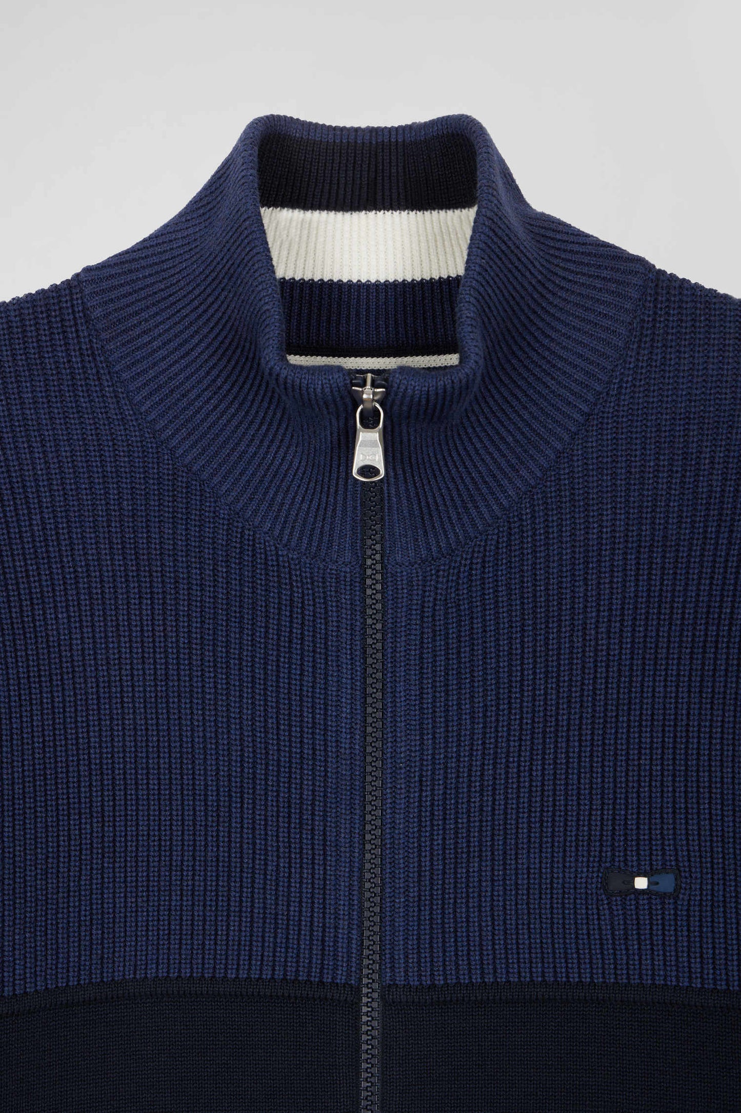 Cardigan zippé à col montant marine et bleu en coton