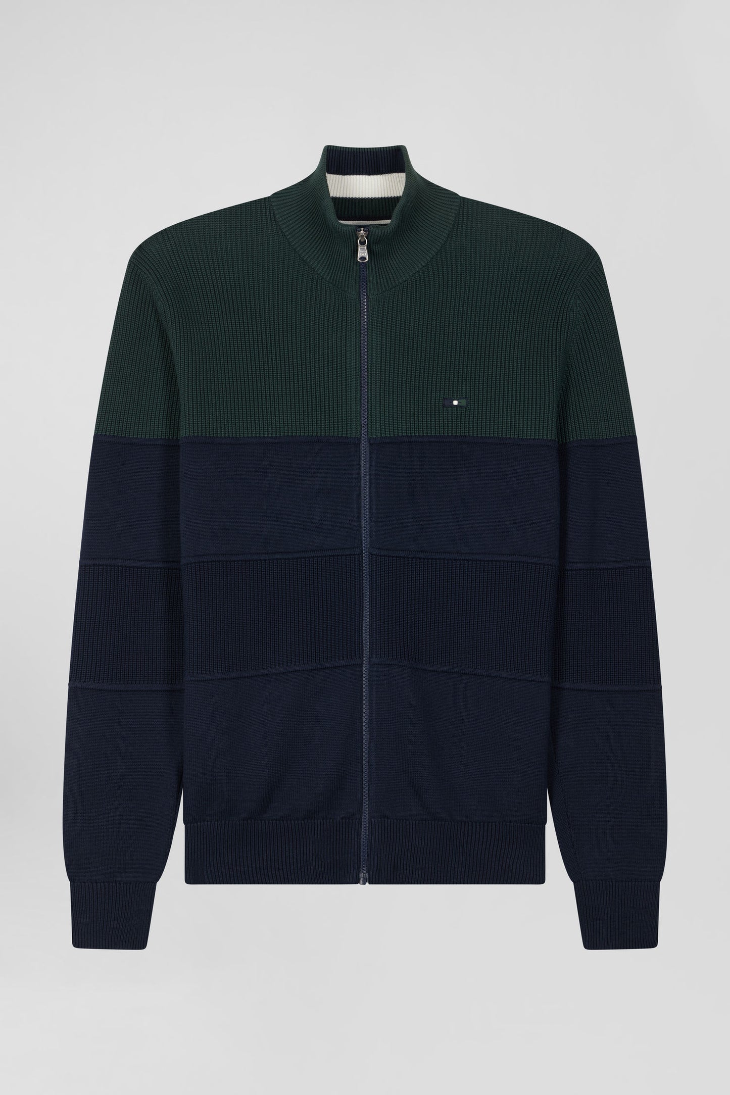 Regular navy blue and green cotton high collar zipped cardigan