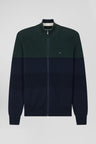 Regular navy blue and green cotton high collar zipped cardigan