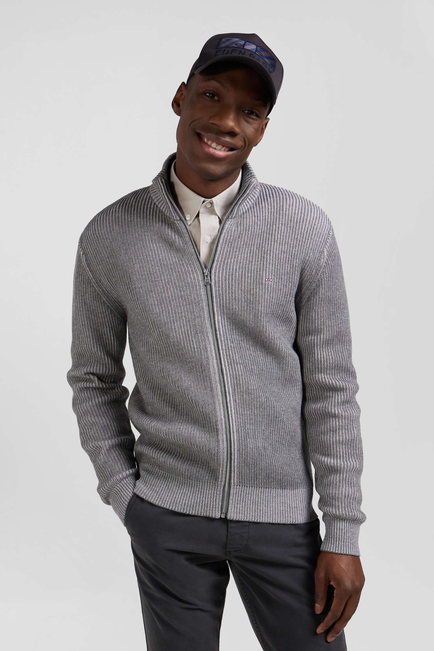 Regular grey wool and cotton zipped cardigan