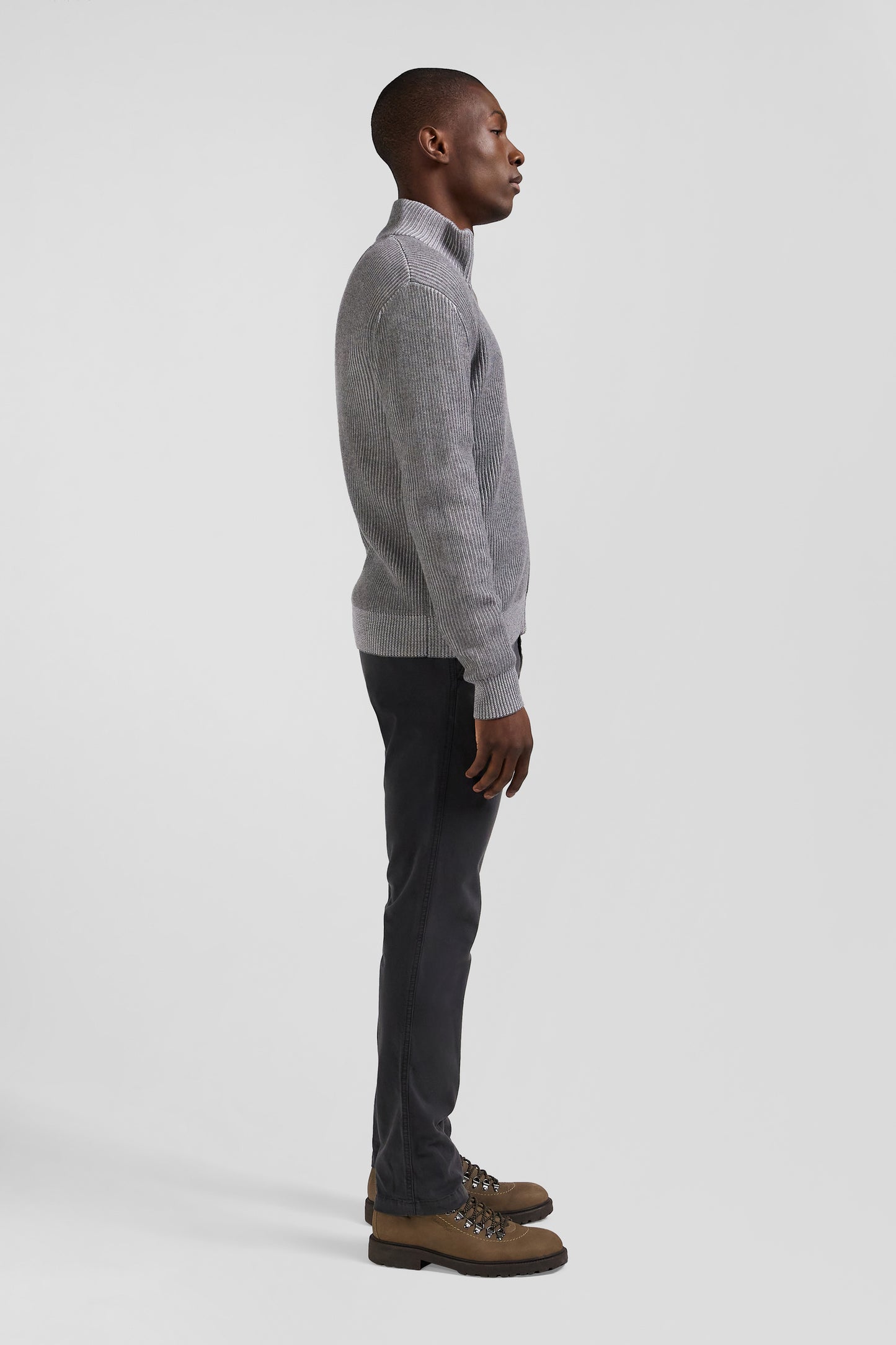 Regular grey wool and cotton zipped cardigan