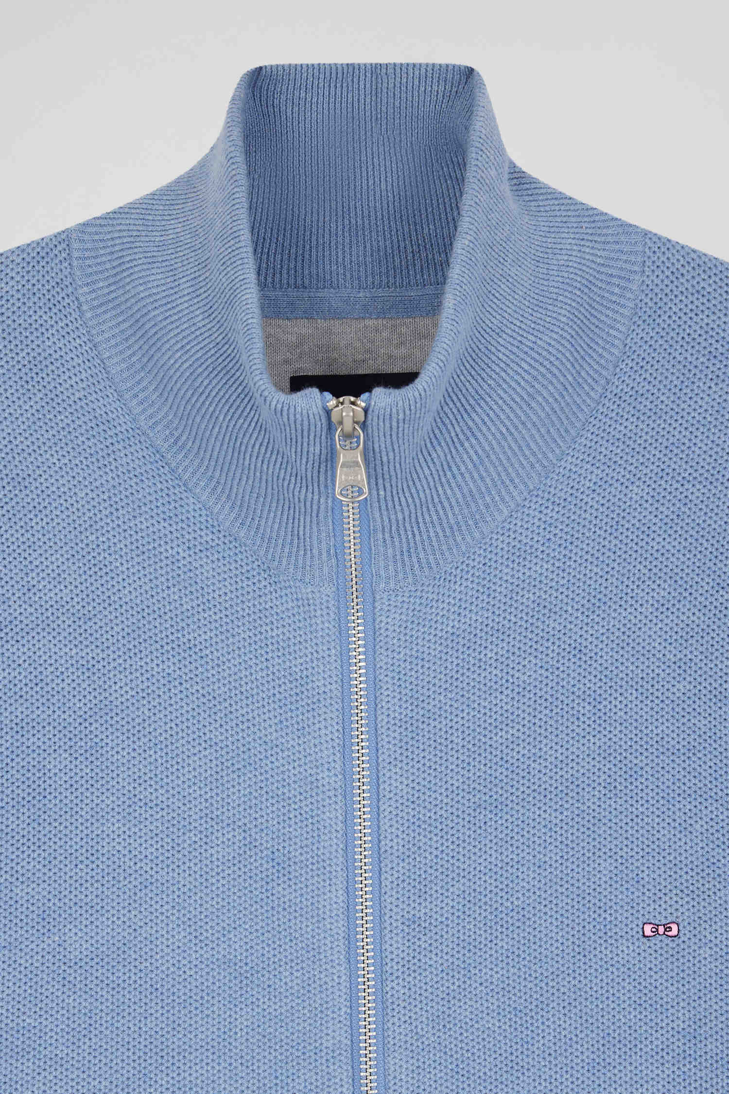 Regular plain sky blue cotton high collar zipped cardigan