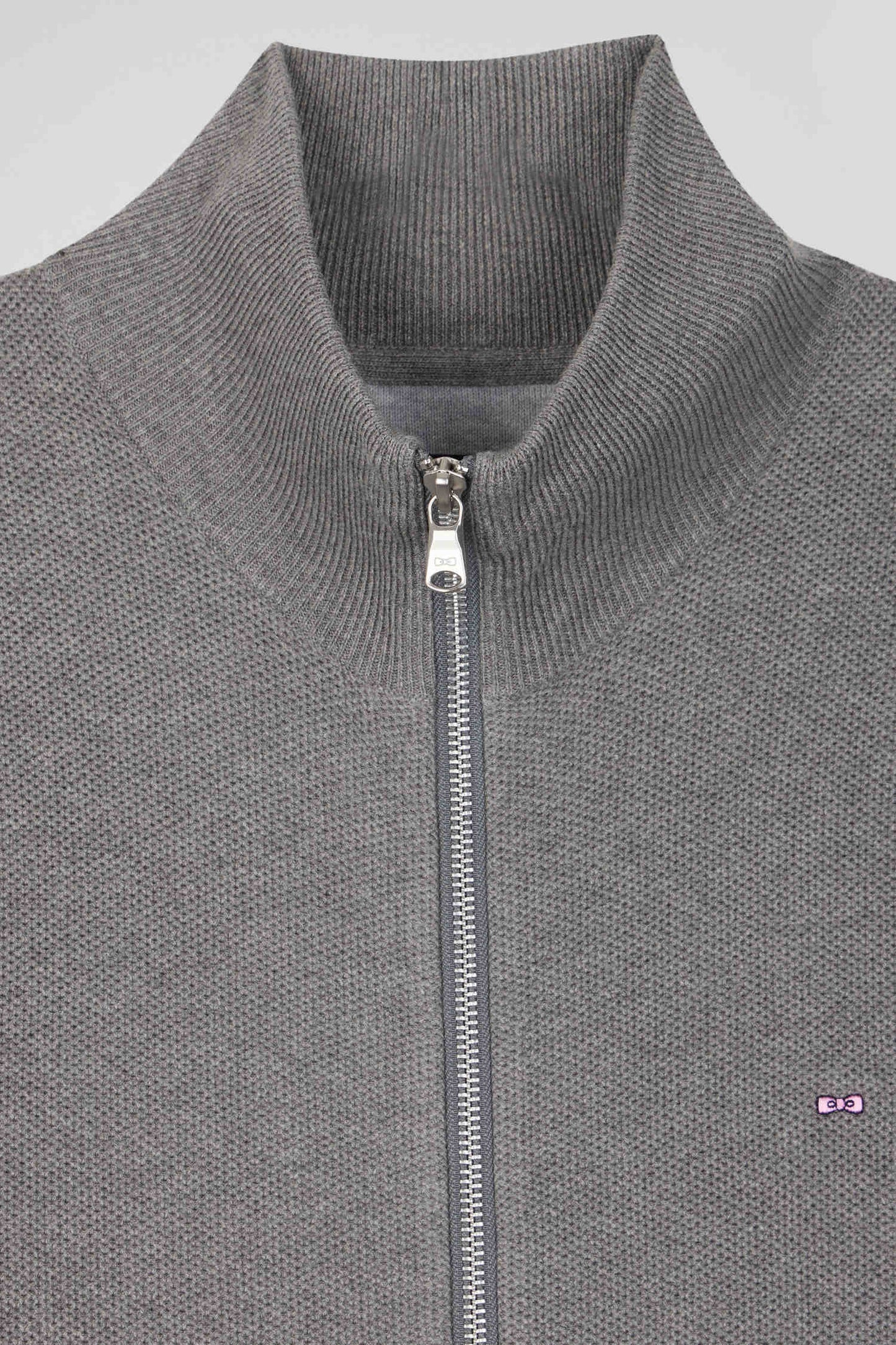 Cardigan zippé à col montant uni gris chiné en coton