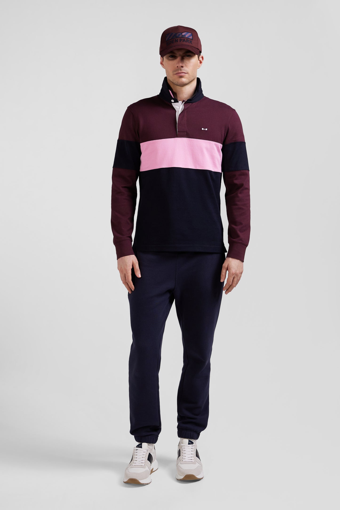 Regular grey long-sleeved colourblock cotton rugby shirt with back embroidery