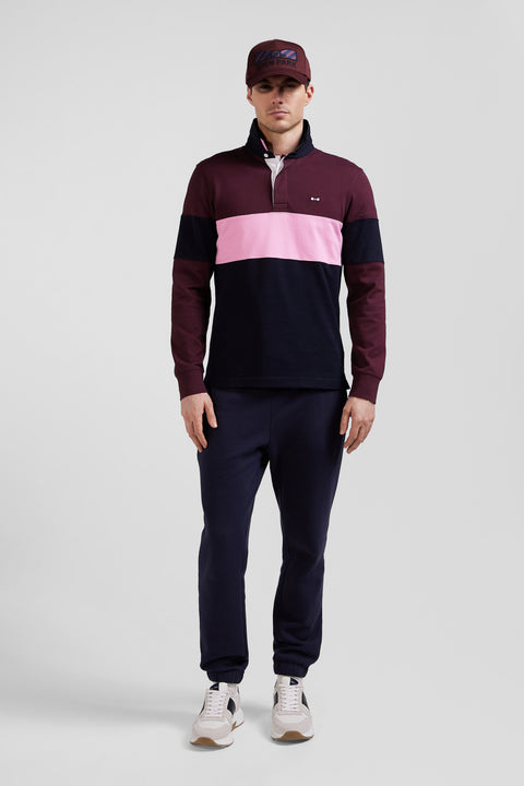 Regular grey long-sleeved colourblock cotton rugby shirt with back embroidery - Image 1