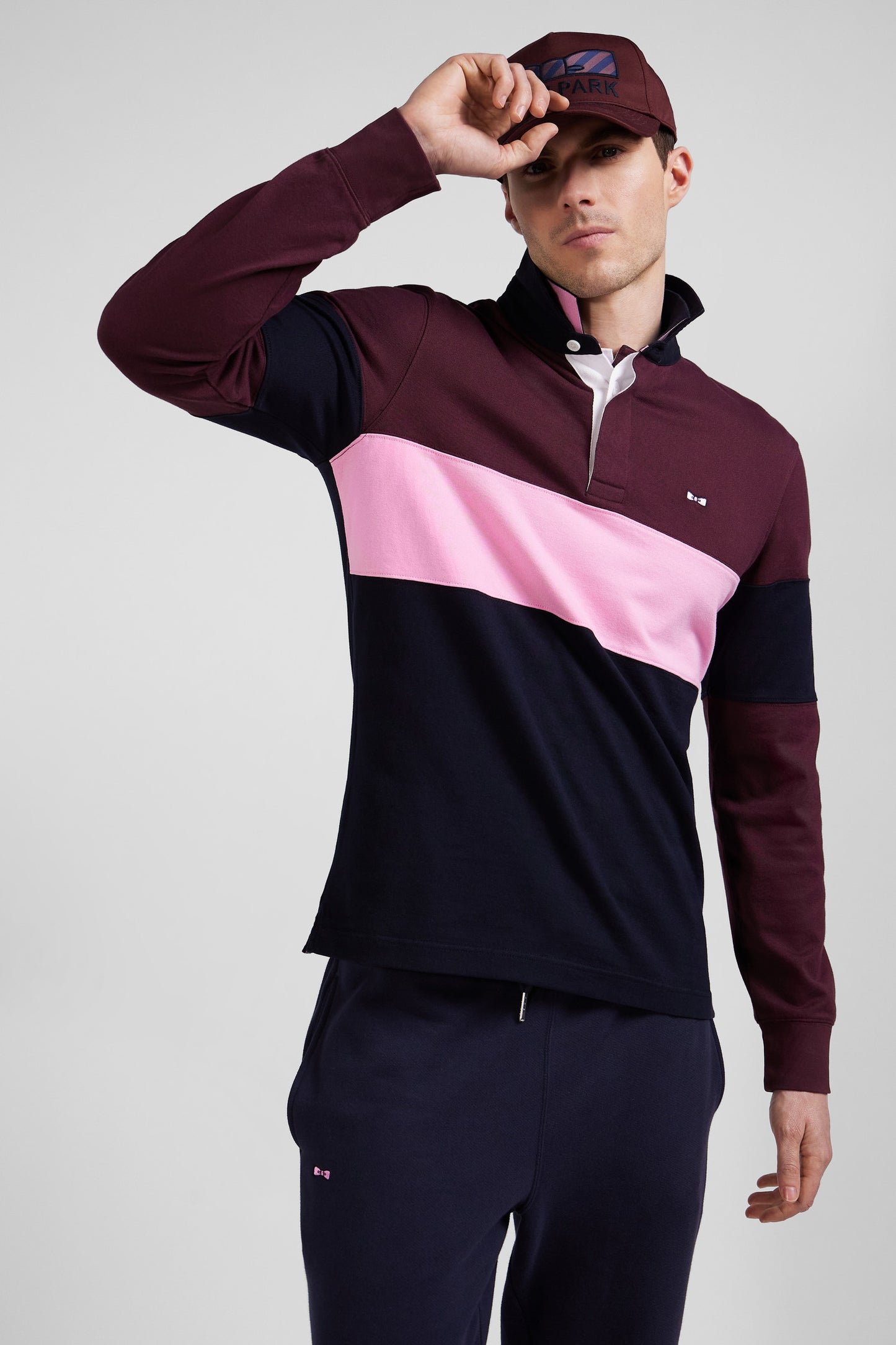 Regular grey long-sleeved colourblock cotton rugby shirt with back embroidery