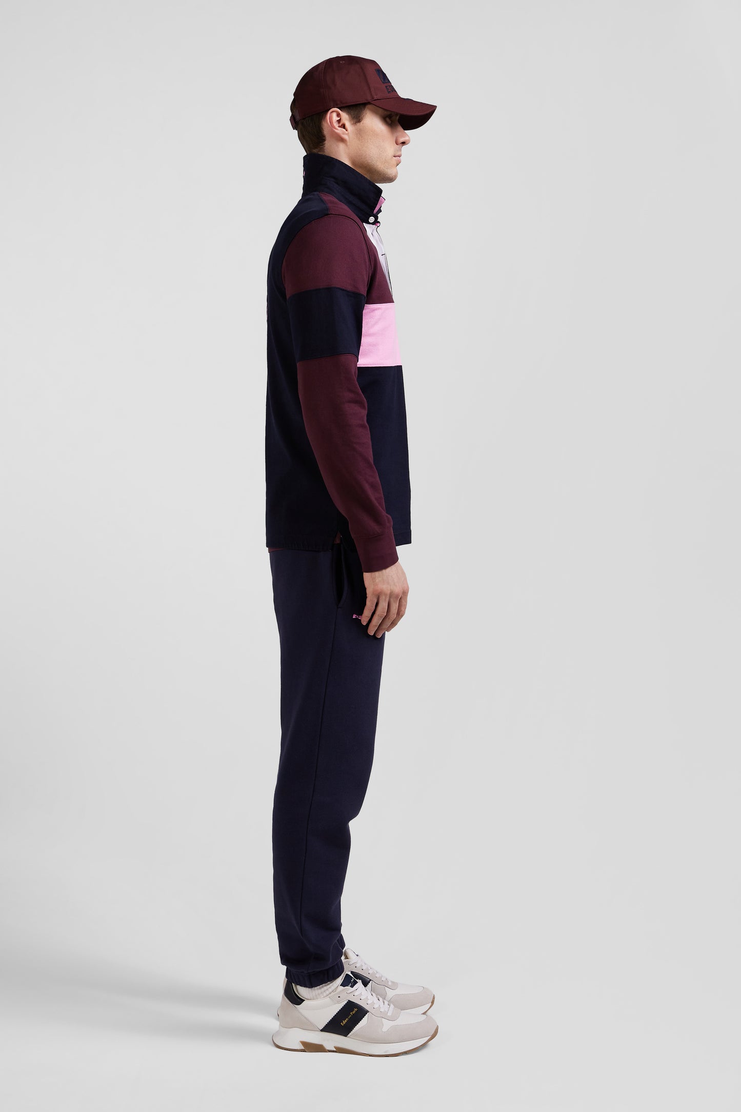 Regular grey long-sleeved colourblock cotton rugby shirt with back embroidery