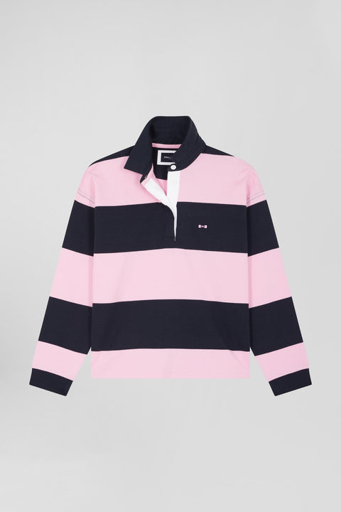 Relaxed navy and pink striped long-sleeved cotton rugby shirt - Image 2