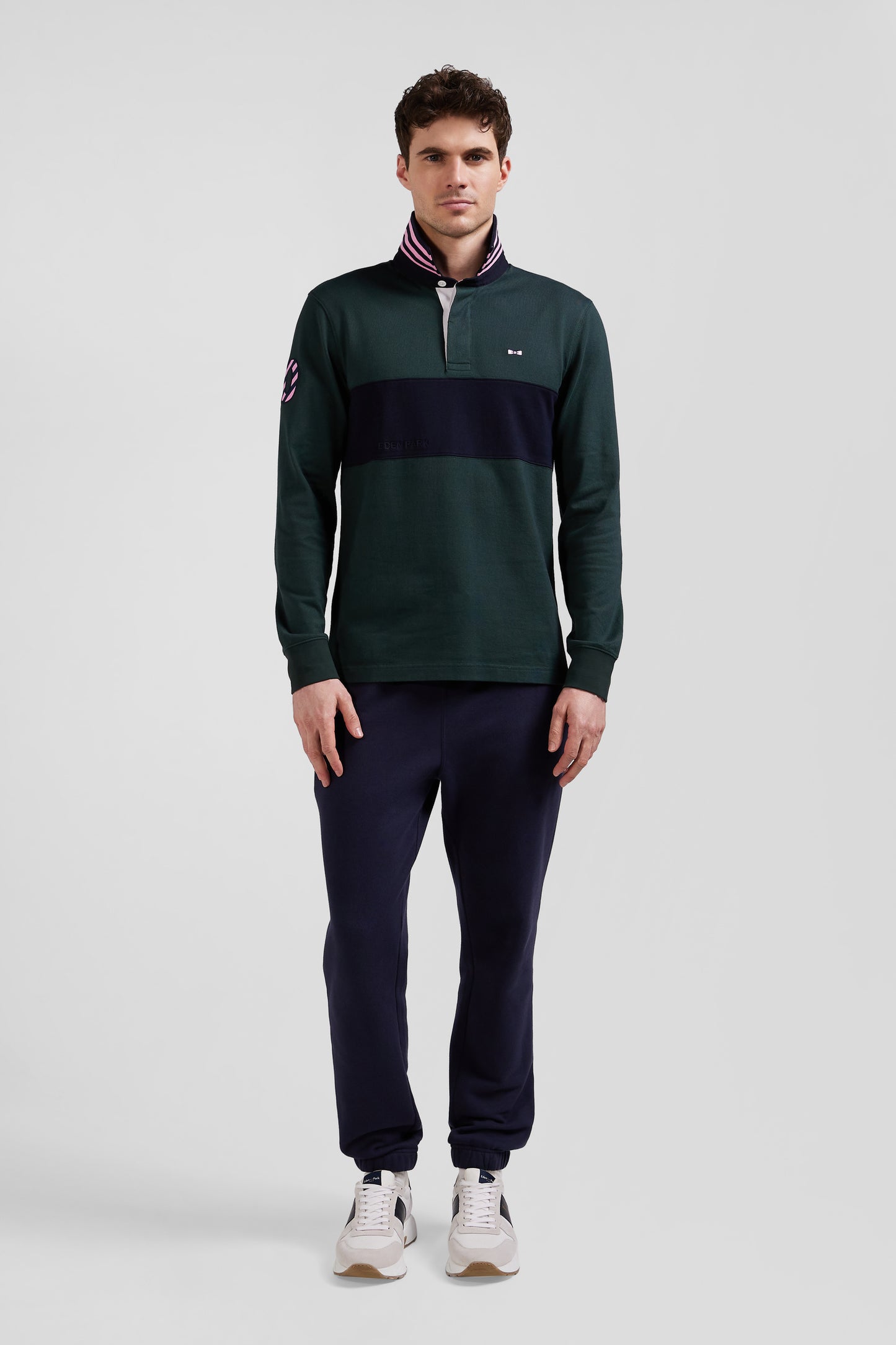 Regular green long-sleeved cotton rugby shirt with sleeve N°10 embroidery