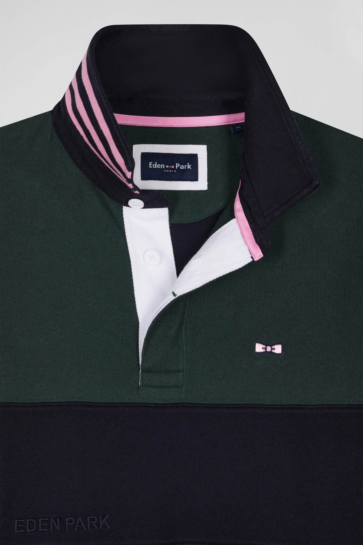 Regular green long-sleeved cotton rugby shirt with sleeve N°10 embroidery