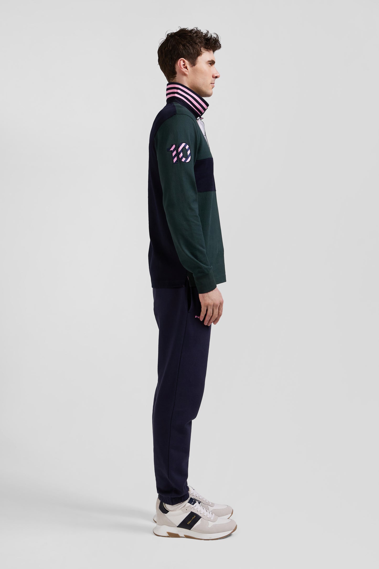 Regular green long-sleeved cotton rugby shirt with sleeve N°10 embroidery