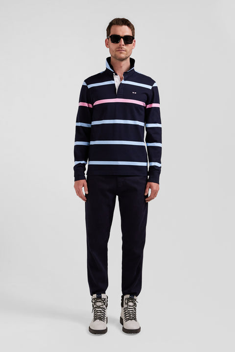 Regular navy and sky blue striped long-sleeved cotton rugby shirt with back embroidery - Image 1