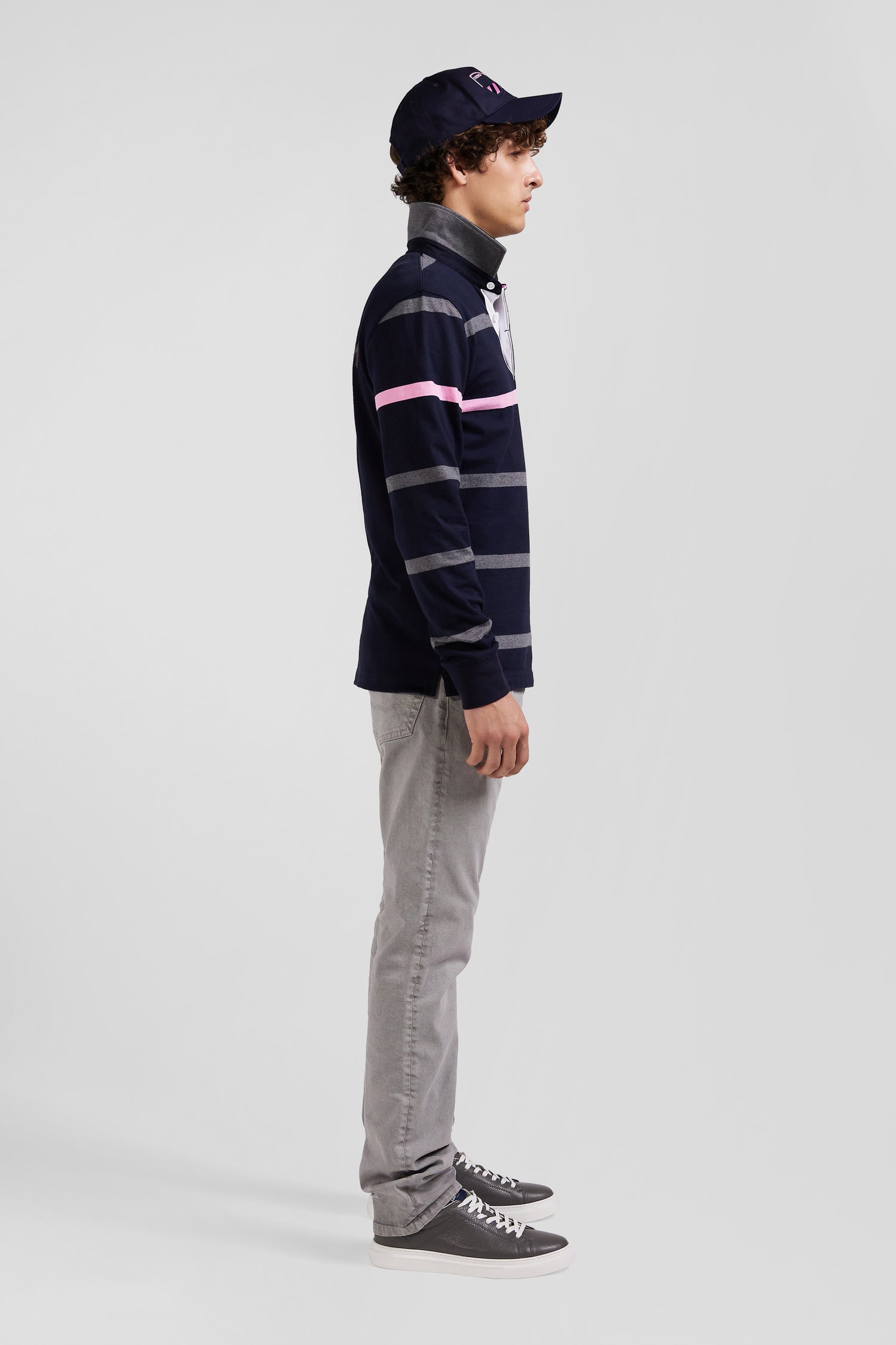 Regular grey striped long-sleeved cotton rugby shirt with back embroidery