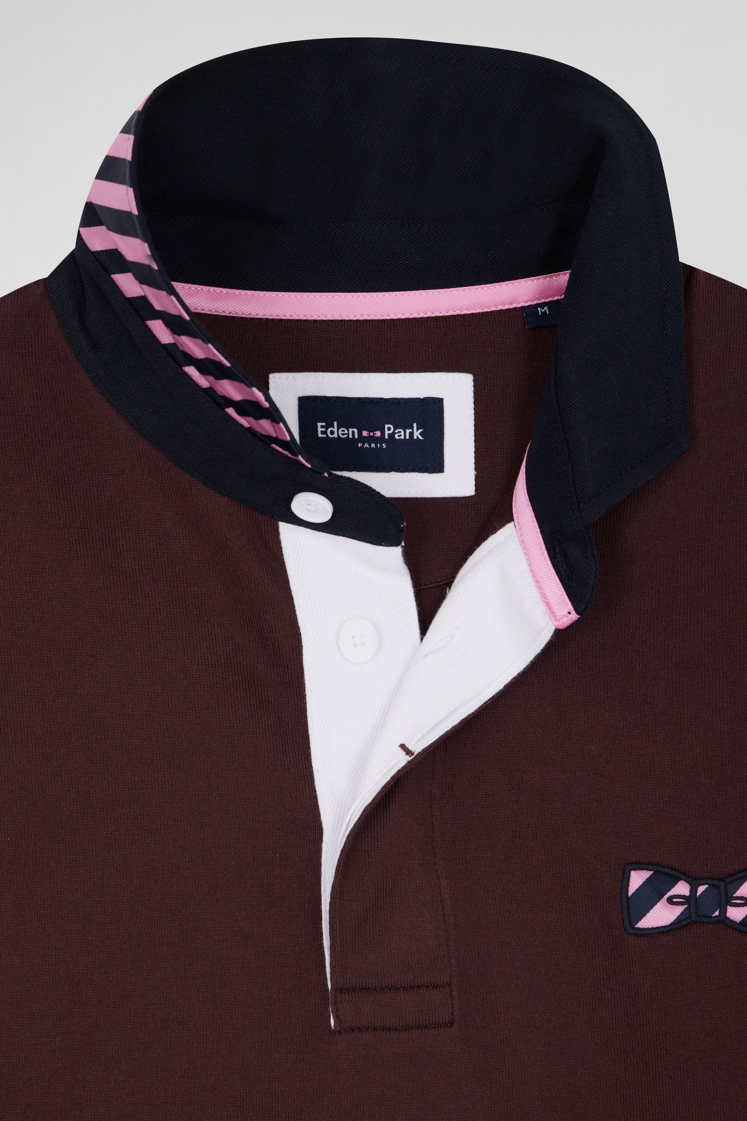 Regular burgundy striped long-sleeved cotton rugby shirt with tie fabric patchwork