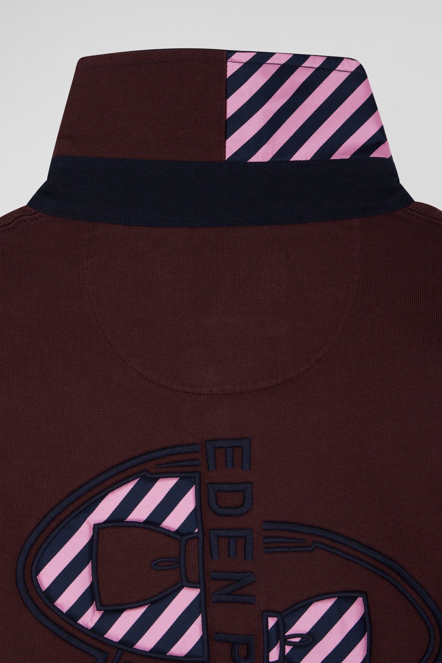 Regular burgundy striped long-sleeved cotton rugby shirt with tie fabric patchwork