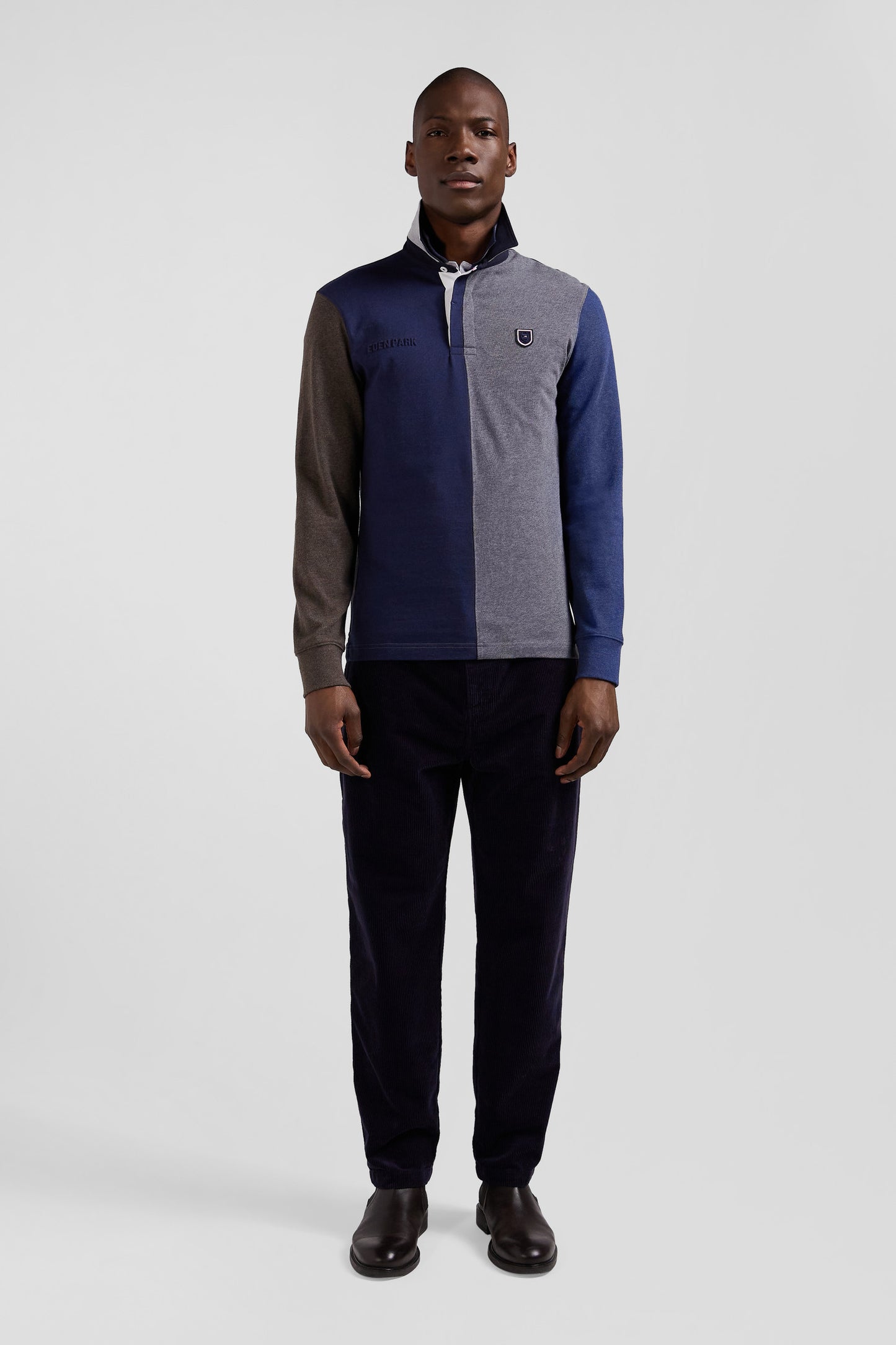 Regular grey colorblock long-sleeved cotton rugby shirt