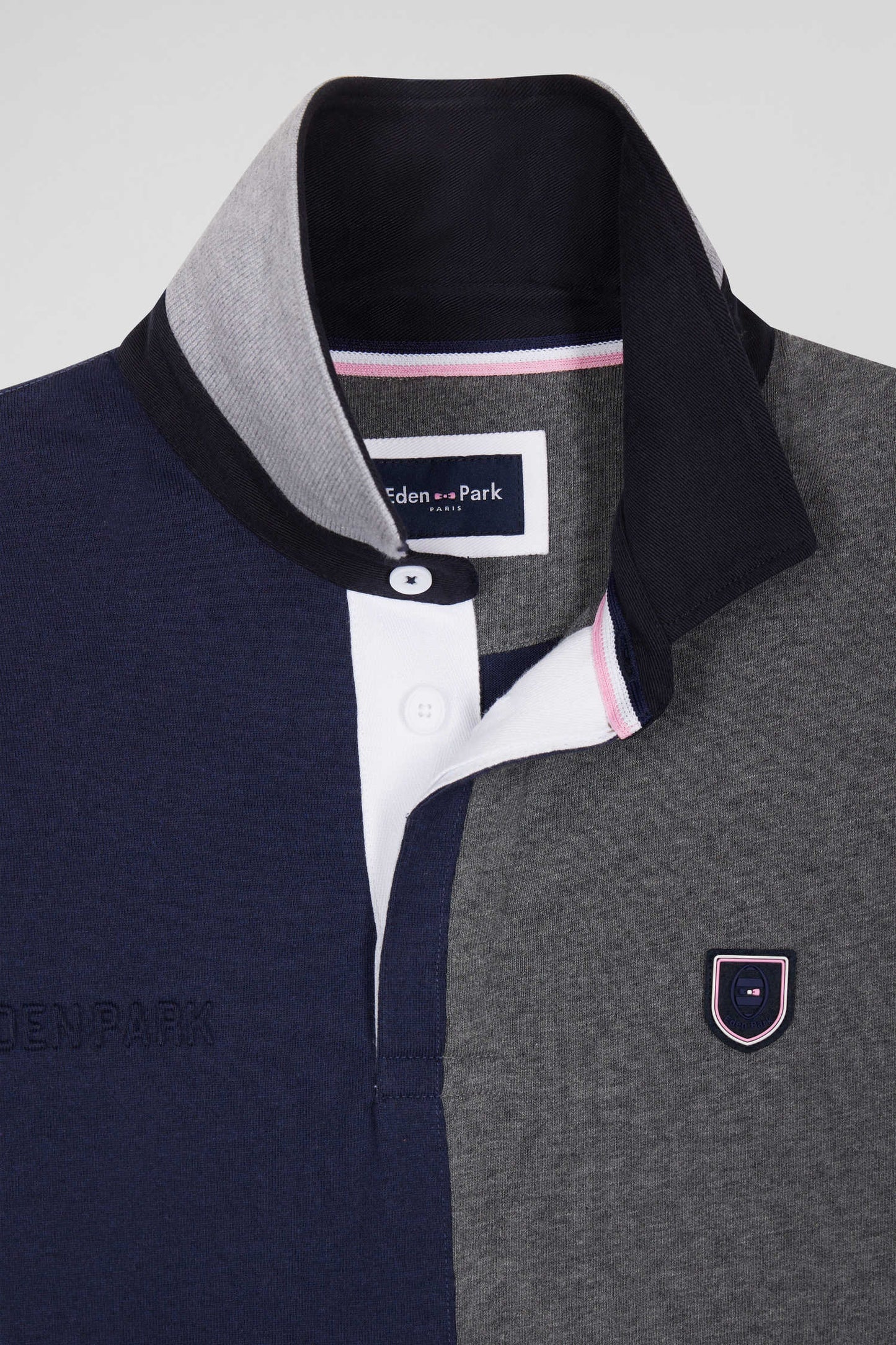 Regular grey colorblock long-sleeved cotton rugby shirt