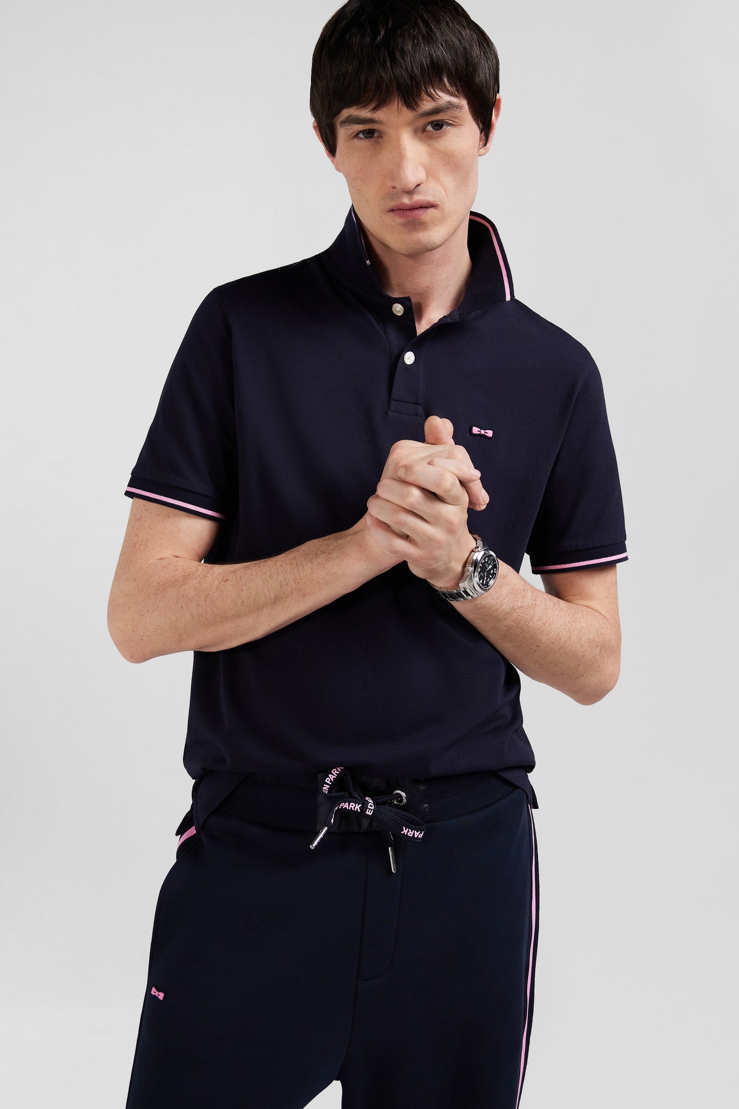 Slim navy blue short-sleeved stretch cotton polo shirt with Eden Park jacquard collar