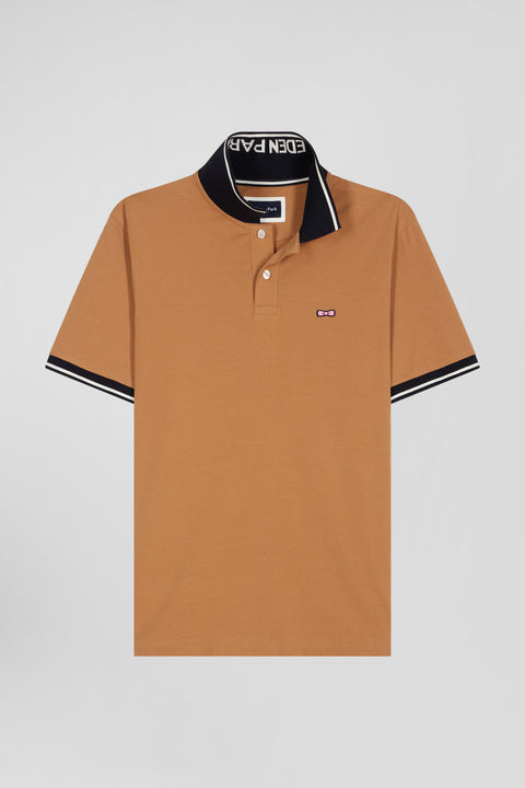 Slim camel short-sleeved stretch cotton polo shirt with Eden Park jacquard collar - Image 2