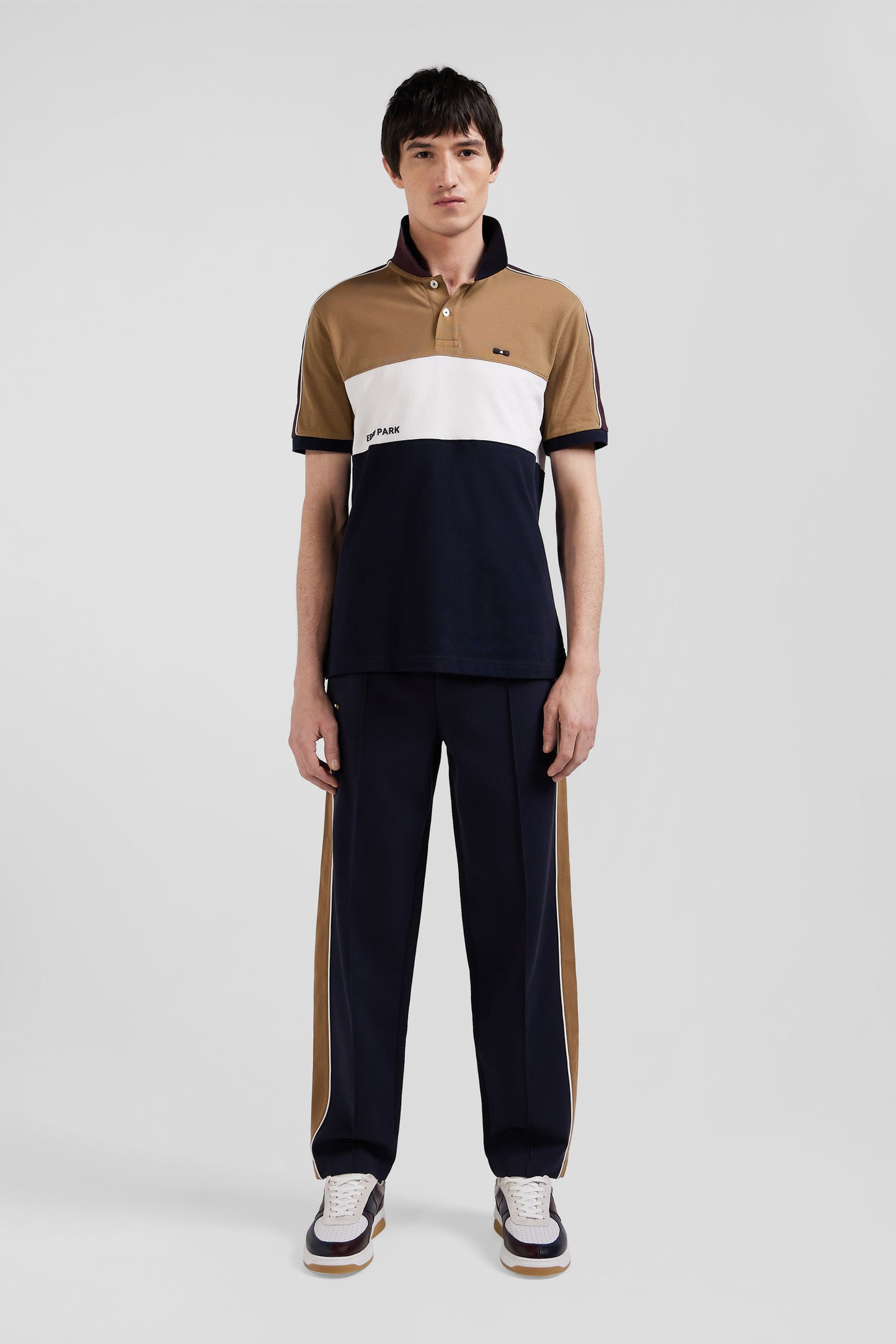 Polo manches courtes tricolore en piqué coton noisette inscription Eden Park coupe Regular