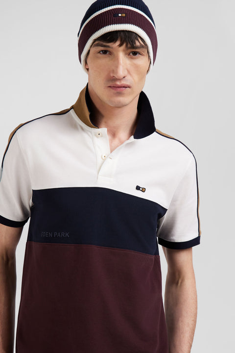 Regular burgundy tricolor short-sleeved cotton piqué polo shirt with Eden Park lettering - Image 2