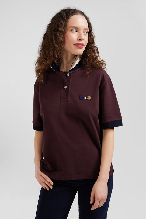 Oversized burgundy short-sleeved cotton piqué polo shirt with tricolour collar - Image 3