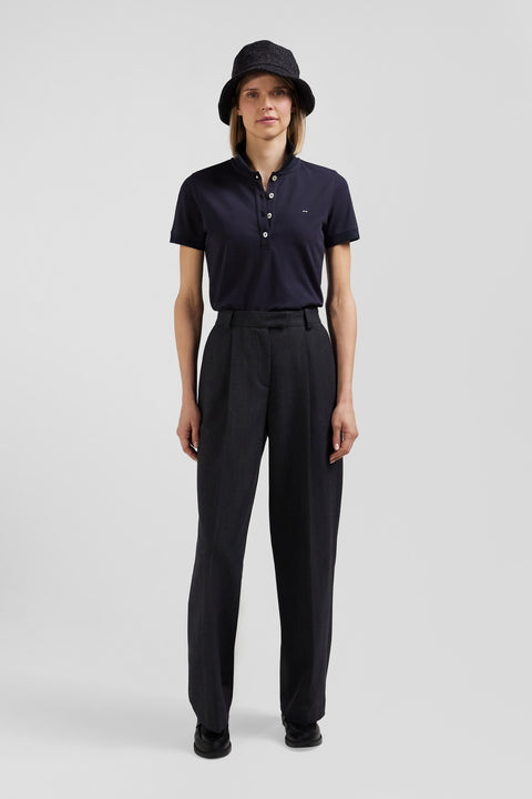 Slim navy blue plain stretch cotton short-sleeved polo shirt - Image 1