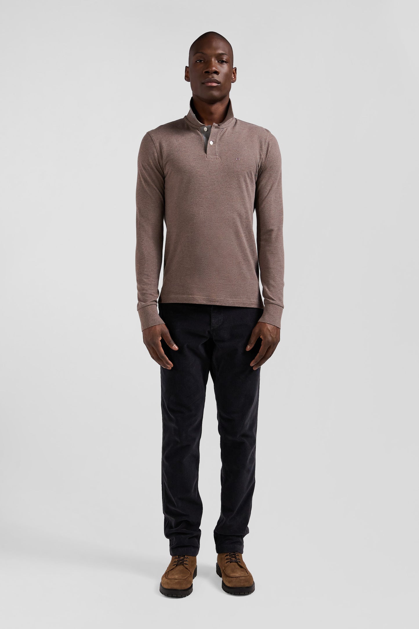 Long-sleeved brown cotton piqué polo shirt