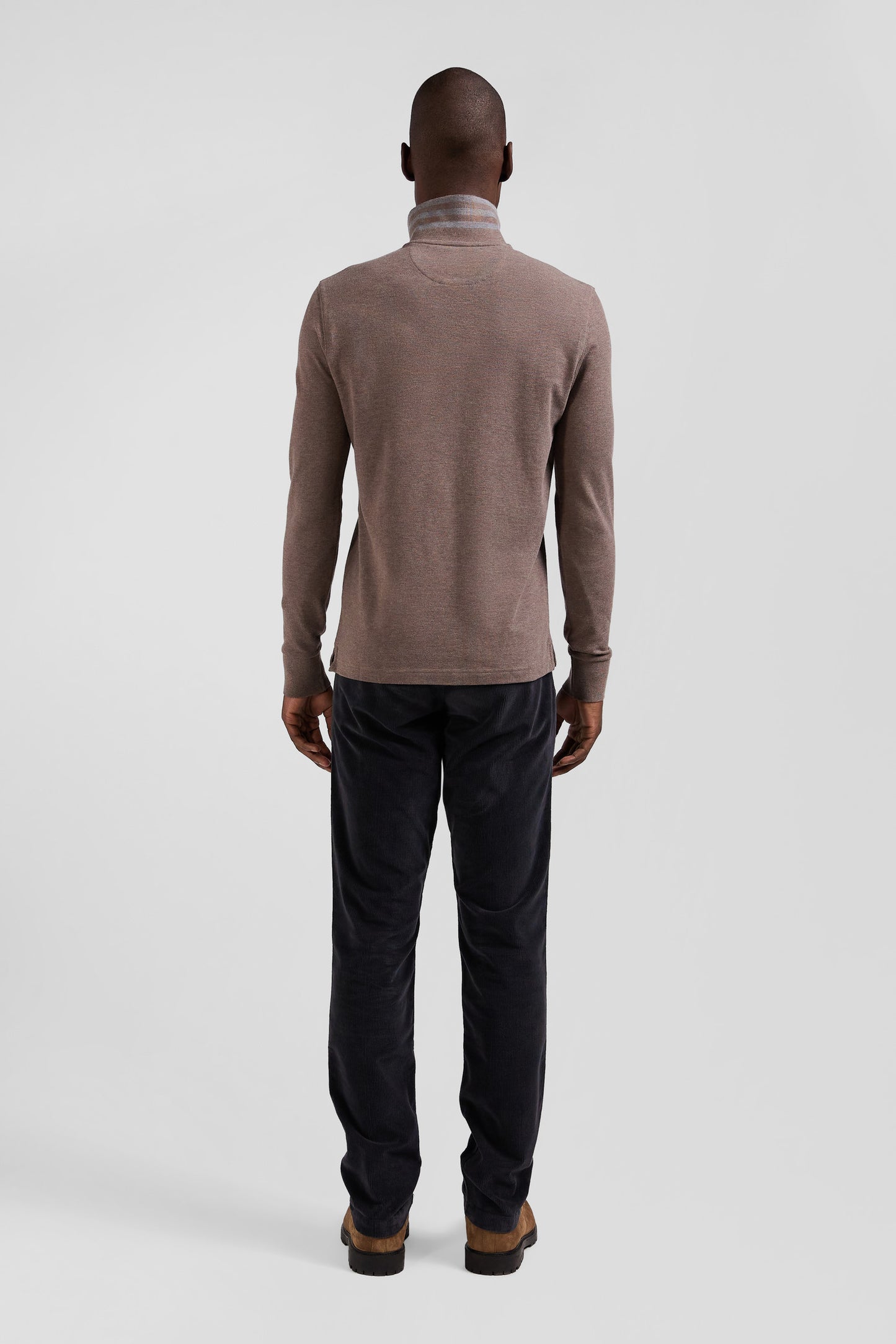 Long-sleeved brown cotton piqué polo shirt