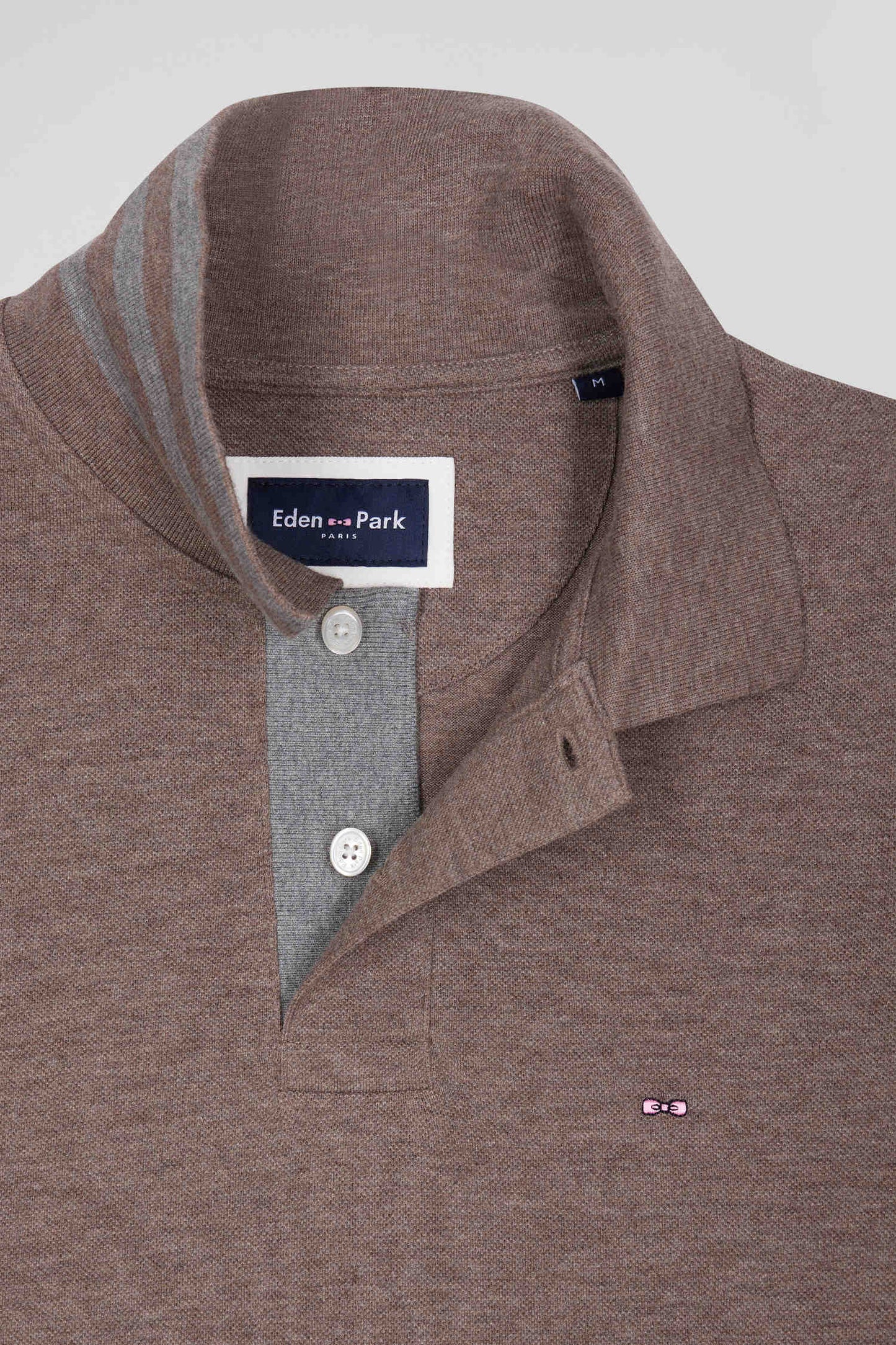 Long-sleeved brown cotton piqué polo shirt