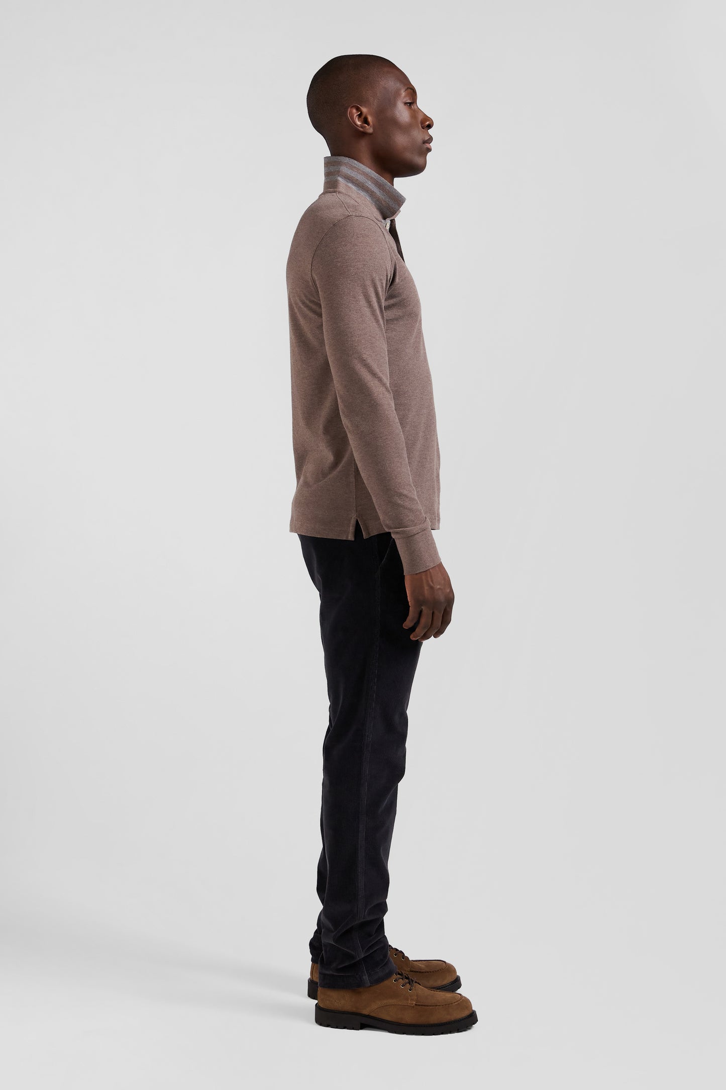 Long-sleeved brown cotton piqué polo shirt