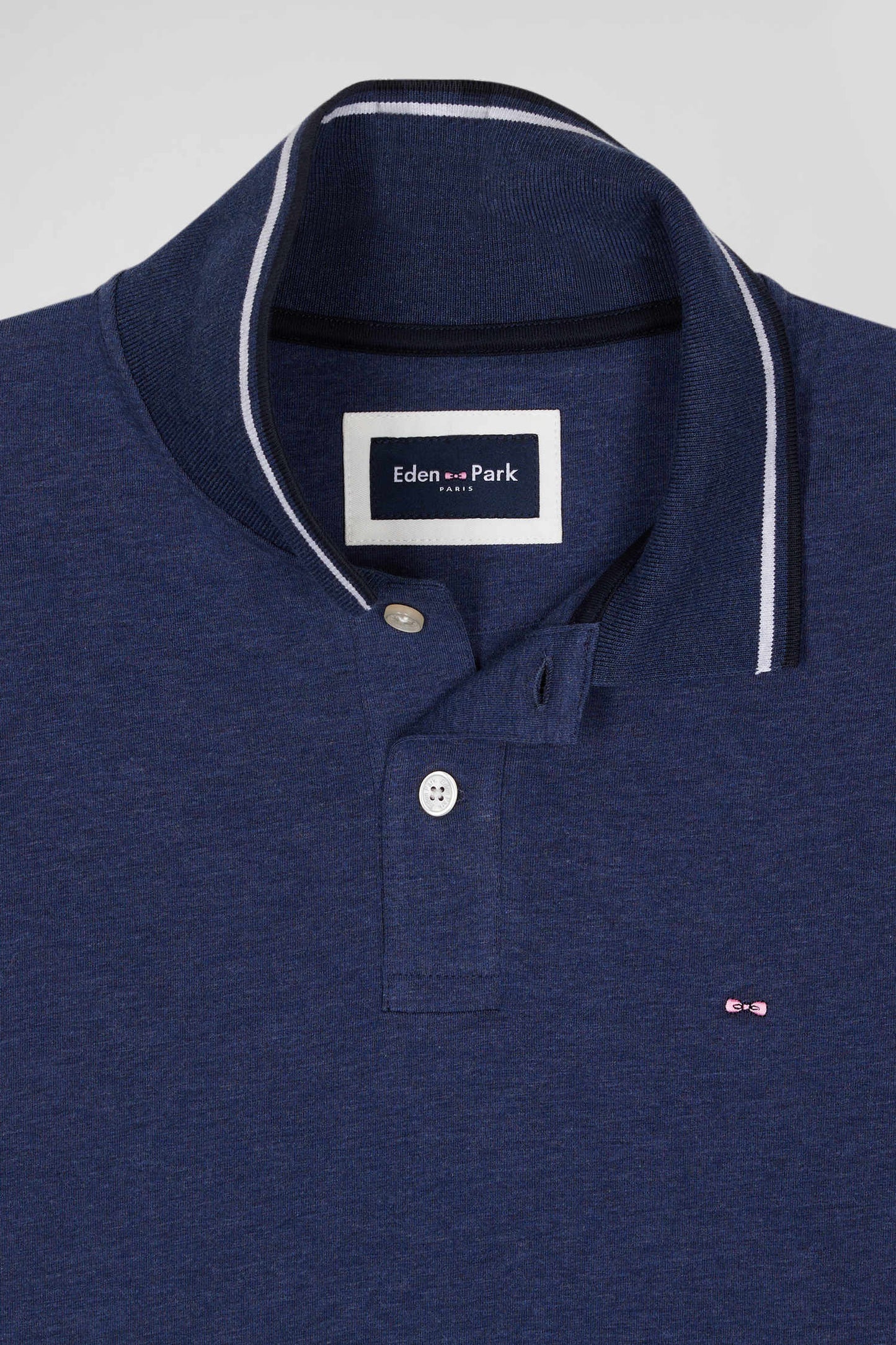 Polo manches longues bleu foncé en coton stretch finitions rayées