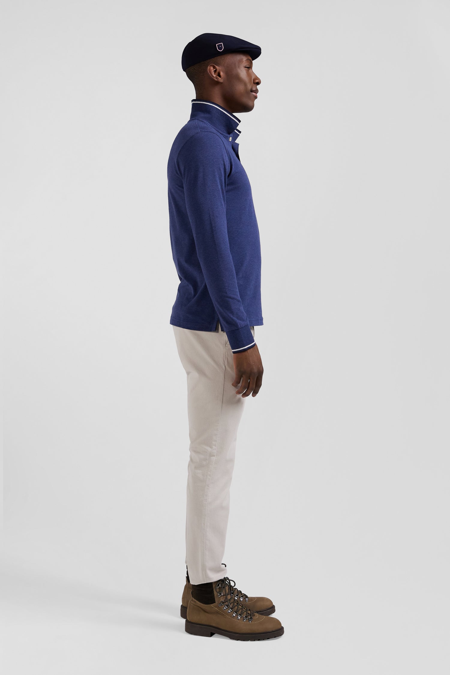 Polo manches longues bleu foncé en coton stretch finitions rayées