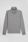 Polo manches longues gris en coton stretch finitions rayées