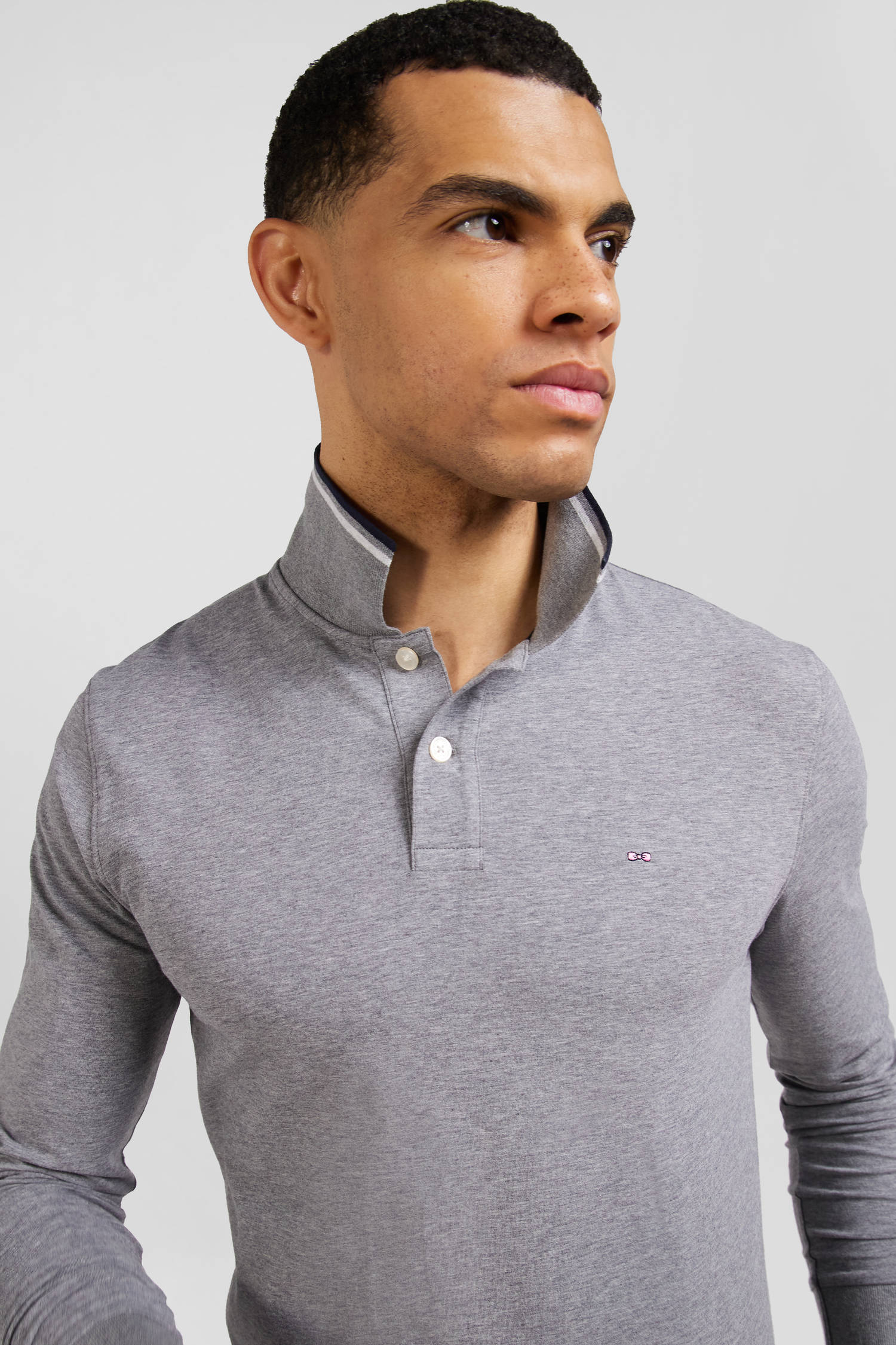 Polo manches longues gris en coton stretch finitions rayées