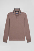 Polo manches longues marron en coton stretch finitions rayées