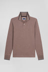 Polo manches longues marron en coton stretch finitions rayées