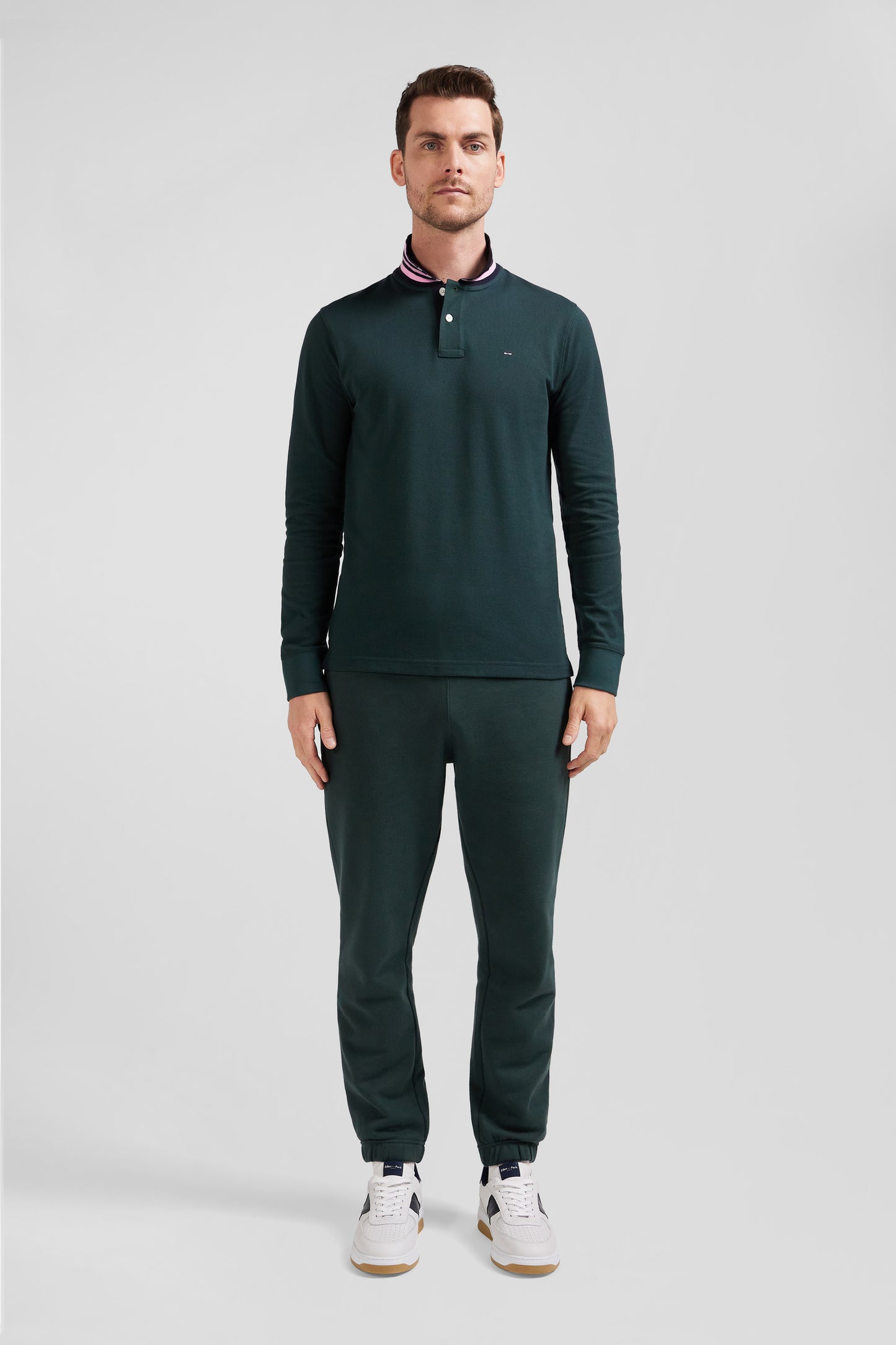 Regular dark green long-sleeved cotton piqué polo shirt