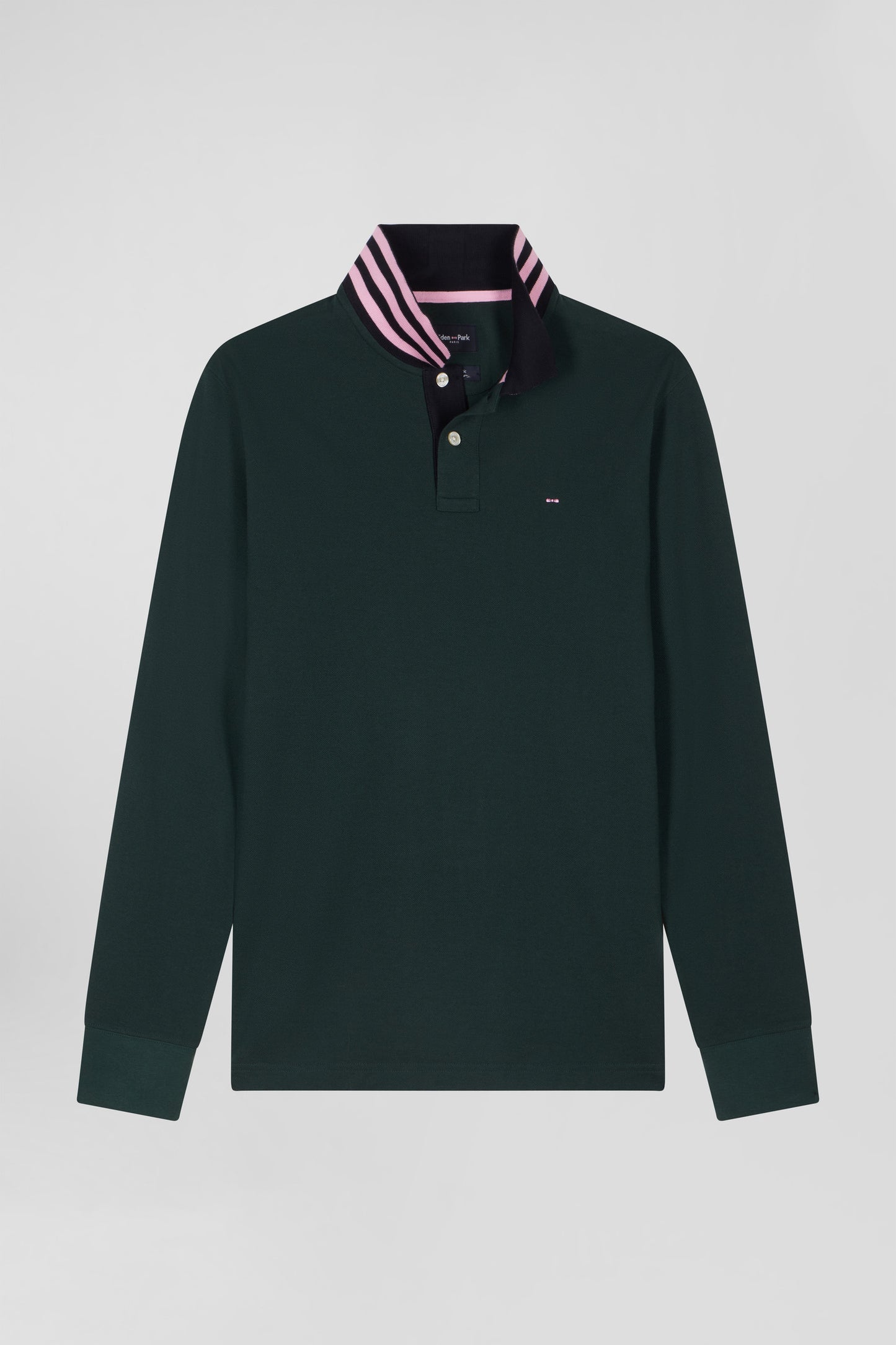 Regular dark green long-sleeved cotton piqué polo shirt