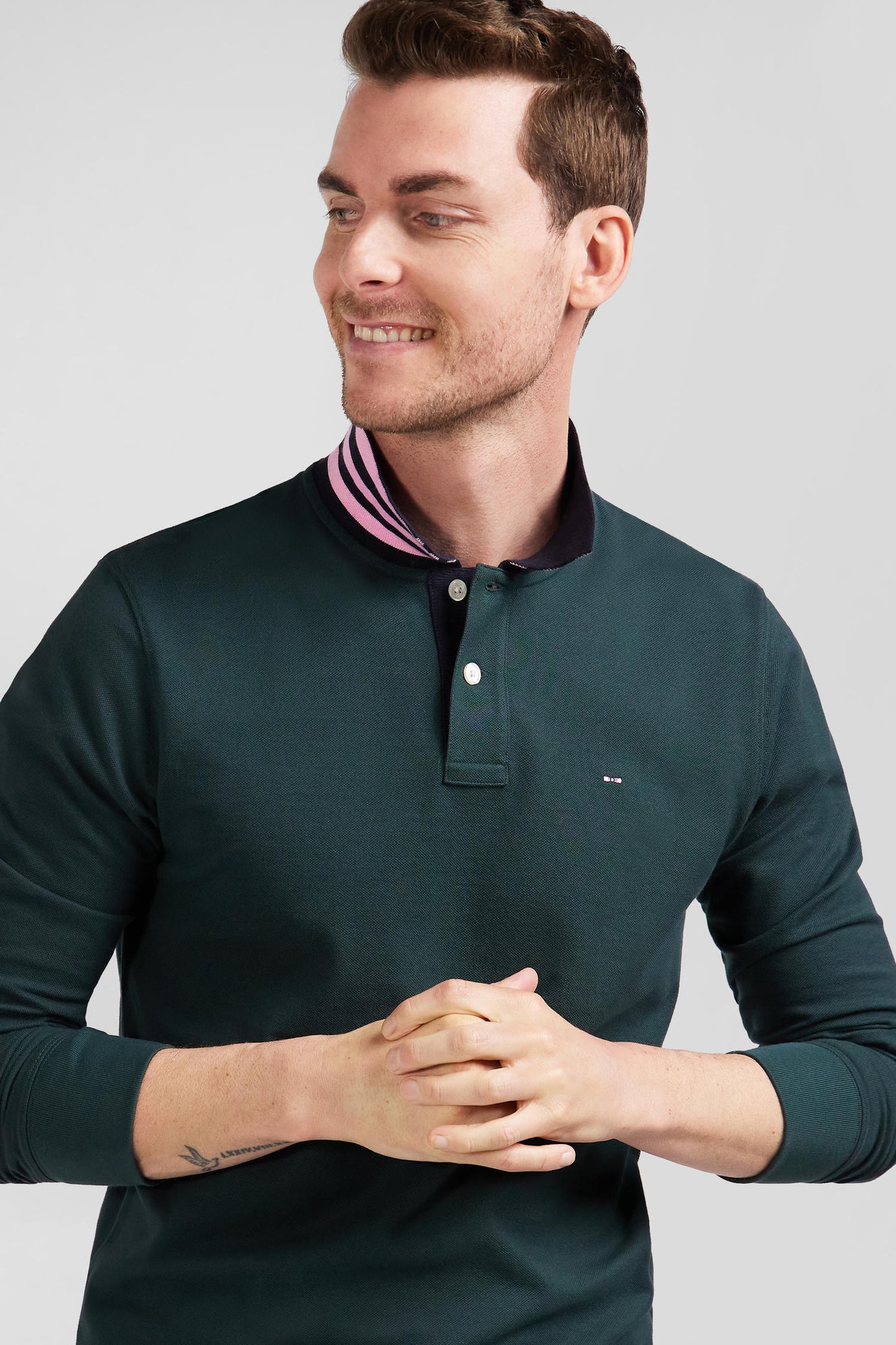 Regular dark green long-sleeved cotton piqué polo shirt