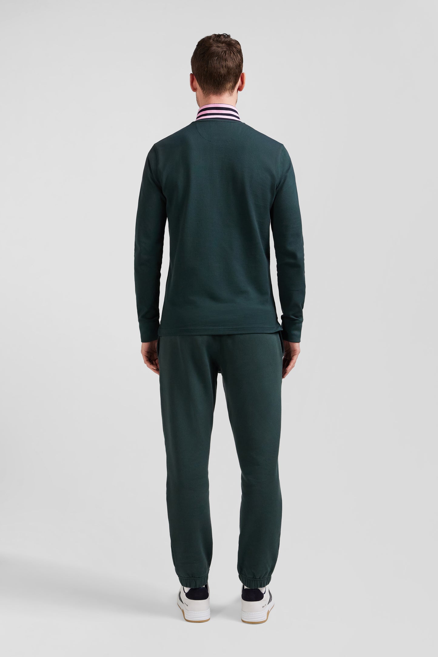 Regular dark green long-sleeved cotton piqué polo shirt