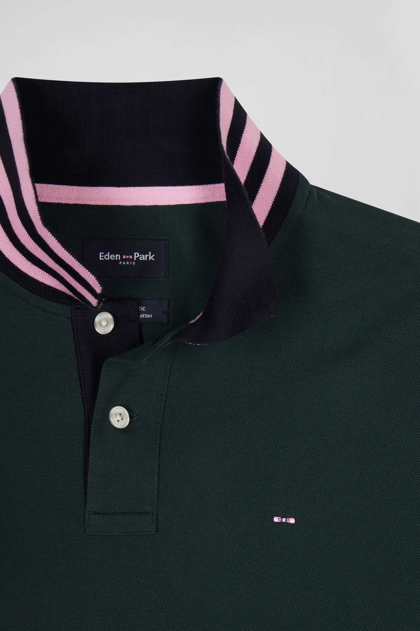 Regular dark green long-sleeved cotton piqué polo shirt