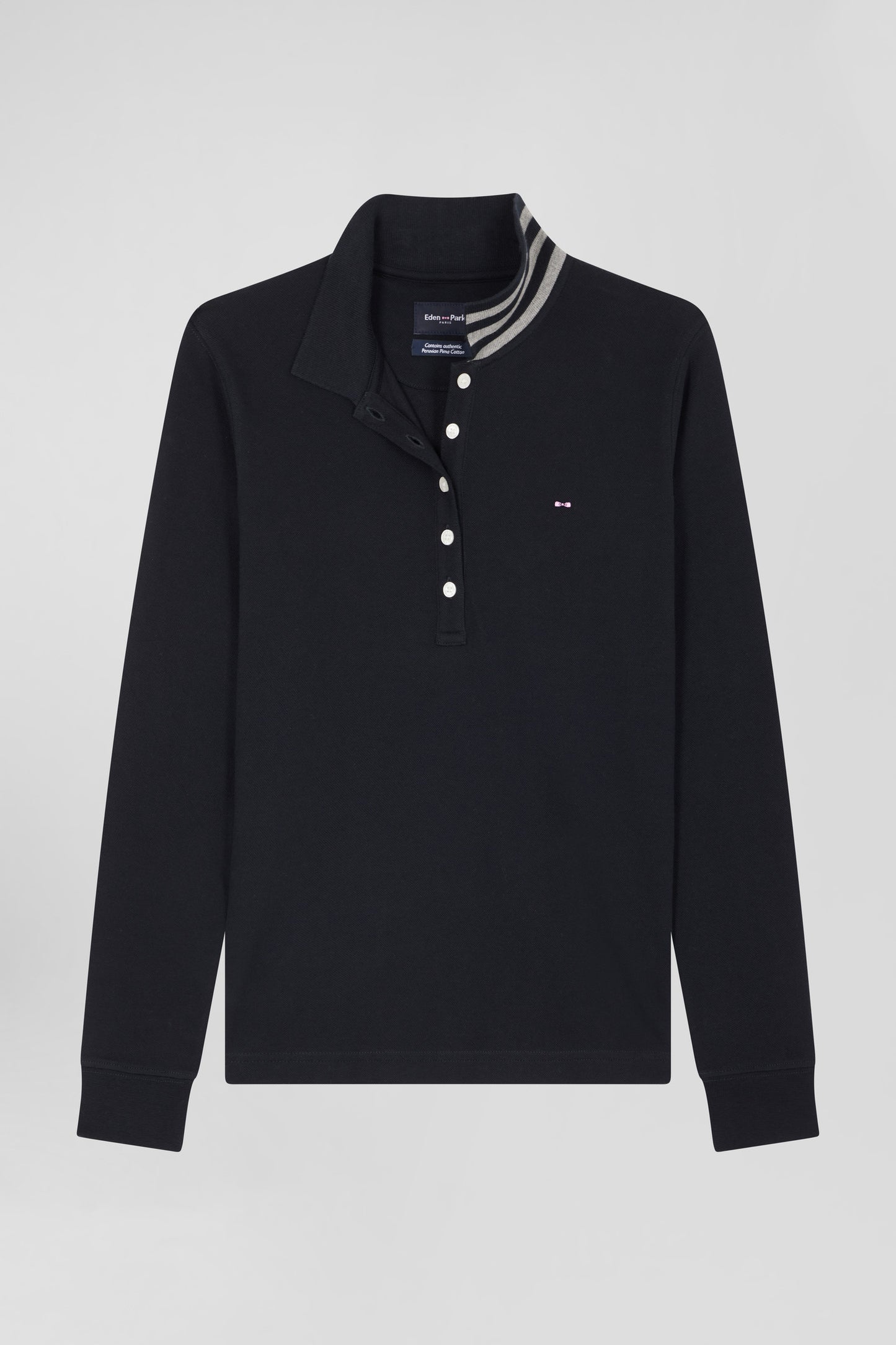 Polo manches longues en coton stretch col cerclé noir coupe Slim