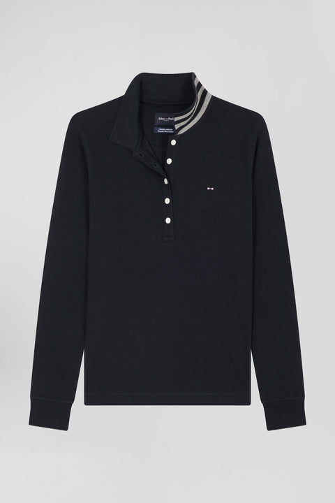 Polo manches longues en coton stretch col cerclé noir coupe Slim - Image 2