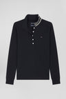 Polo manches longues en coton stretch col cerclé noir coupe Slim